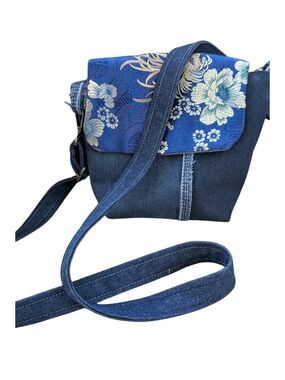 Rich Floral Brocade Upcycled Denim Crossbody Bag, Adjustable Strap